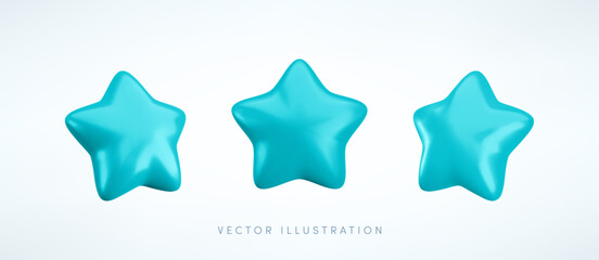 Wall Mural - vector 3d turquoise star icons set. cute realistic cartoon 3d render, glossy blue metallic star fron