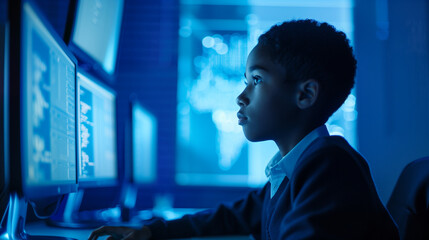 Wall Mural - Inclusive image of a of a black IT school student studying at computer learning digital code online software ai cyber security threats. Artificial intelligence cyberspace data coding education	