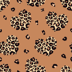 Poster - Cute leopard spots and hearts seamless pattern. Hand drawn brown animal love print. Safari spotted grunge texture background for fashion print, fabric, textile, Valentines day decoration, wrapping.