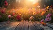 © Chuemon - an empty wooden floor surrounded by a vibrant flower field in full bloom.