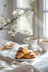 elegant photo of breakfast with pastries and coffee on a white table under natural light gives a war