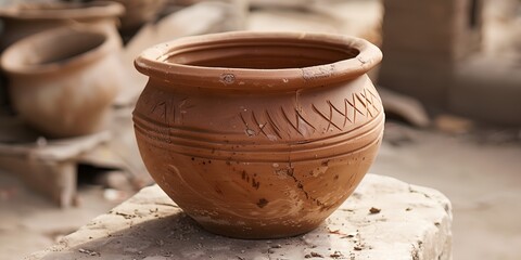 A brown clay pot with a design on it sits on a stone. The pot is empty and has a rustic appearance