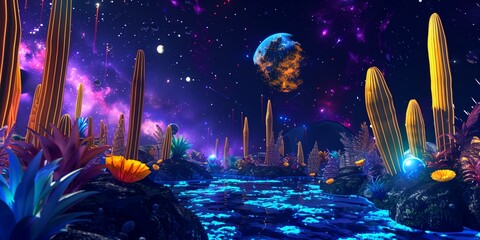 Wall Mural - A colorful, neon-lit desert landscape with a large, glowing moon in the sky. The scene is full of life and energy, with a variety of plants and flowers scattered throughout the area