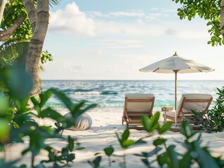 Two lounge chairs and an umbrella on a sunny beach, great for relaxation or vacation scene