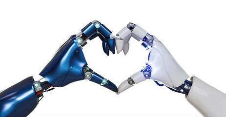 two robotic hands form a heart shape, symbolizing unity and connection through advanced technology