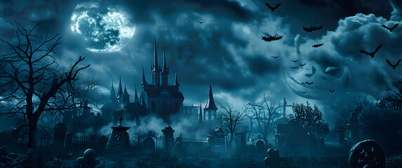 Wall Mural - Graveyard cemetery to castle In Spooky scary dark Night full moon and bats on dead tree. Holiday event halloween banner background concept.