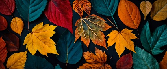 Wall Mural - Vibrant fall season background with colorful orange, yellow, deep red, and teal, layered fallen leaves on dark background. Bright flat lay autumn header wallpaper design.