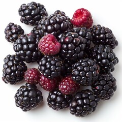 Wall Mural - Closeup of Fresh Blackberries and Raspberries on White Background