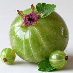 Sticker - Close Up of a Ripe Green Gooseberry With Leaves