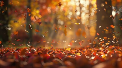 Poster - Colorful autumn leaves falling in the forest with a blurry background.