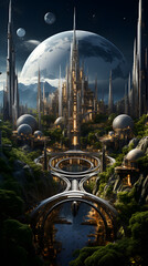 A futuristic city with tall buildings and an arch bridge over a river, set against a backdrop of a planet and two moons.