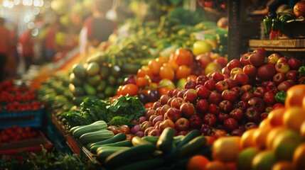 Wall Mural - Close-up of fresh produce, including red apples, green zucchini, and orange tomatoes, in a market setting.