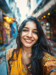 Wall Mural - A woman is taking a selfie in a dimly lit alley, providing a unique perspective