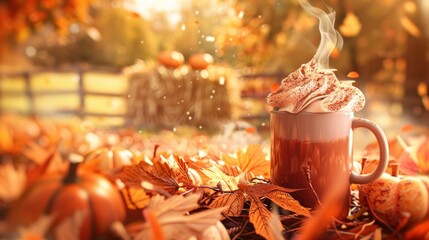 Wall Mural - Steaming hot drink with whipped cream nestled in autumn leaves.