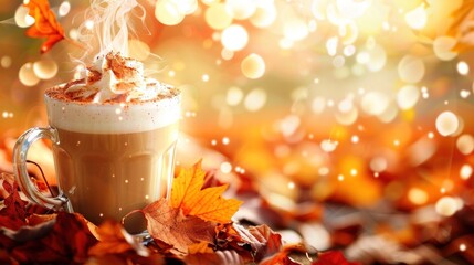 Wall Mural - Warm autumn drink with cream and cinnamon in a glass mug with leaves.