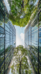 Wall Mural - Modern Glass Office Buildings with Greenery, Urban Harmony: Glass Facades and Lush Trees at Dusk, City Sunset: Greenery Between Modern Office Buildings, Golden Hour in the City