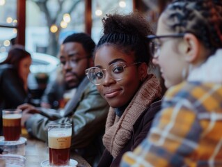 A group of friends or colleagues enjoying drinks and conversation at a table, great for representing a casual gathering or corporate event