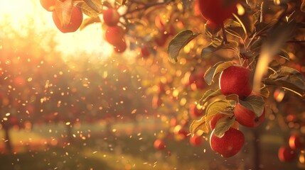 Canvas Print - Close-up of ripe red apples on a tree branch, bathed in warm golden sunlight.