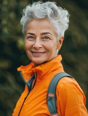 Wall Mural - A woman wearing an orange jacket smiles directly at the camera, conveying friendliness and approachability