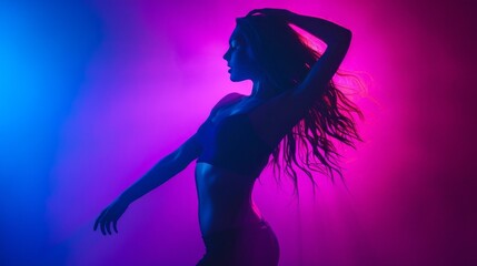 Wall Mural - A woman with long hair is dancing in a purple room