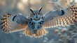 © ProVector - Powerful great horned owl flying with wings wide open showing its beautiful pattern