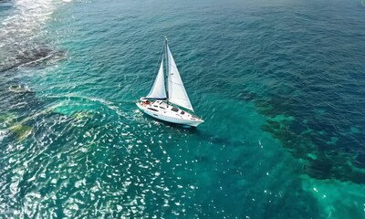 Wall Mural - sailboat sailing in the crystal blue ocean, view overheard