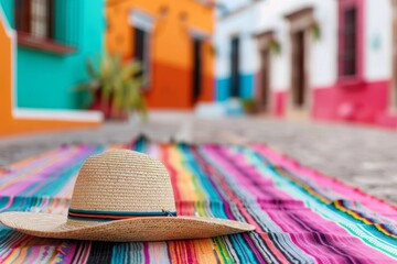 Wall Mural - Straw Hat on Colorful Blanket in Mexico