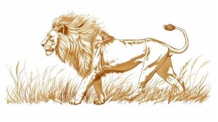 Wall Mural - A vector drawing of a lion with a flowing mane walking through tall grass, exuding power and grace. Clean lines, intricate details, isolated on a white background