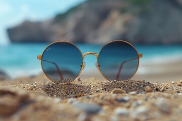 Wall Mural - A pair of sunglasses is sitting on the sand at the beach