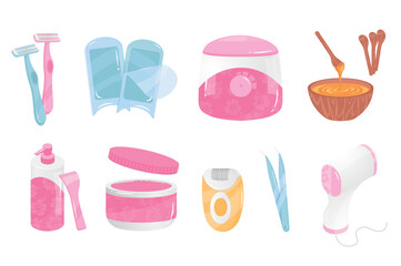 Aufkleber - Depilation tools mega set elements in flat cartoon graphic design. Bundle objects of shave razor, waxing, sugaring, hair removal cream, epilator, tweezers, photoepilation, other. Vector illustration.