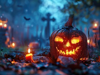 a jack-o-lantern aglow in the darkness