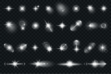Aufkleber - Lens flare mega set elements in realistic graphic design. Bundle objects of white glow flare light effects, sunshine flash with beams and sparkles, bright star highlight blinks. Vector illustration.