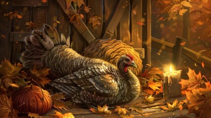 Wall Mural - A turkey resting amongst autumn leaves, a pumpkin and a candle.