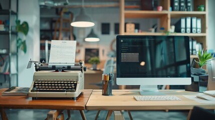 vintage typewriter standing on desk next to modern desktop computer in creative agency showing techn