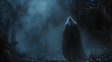 Canvas Print - A mysterious, cloaked figure stands in a foggy forest at night, surrounded by shadows and eerie light, evoking a sense of mystery, solitude, and foreboding.