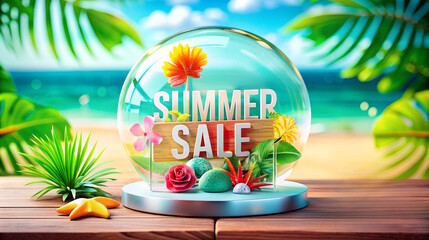 Wall Mural - Summer sale promotion 3d poster,  abstract glass bubble with tropic leaves and flowers, sea background, Promotion  for seasonal offer, advertising.