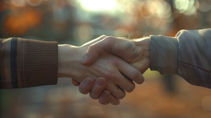 A close-up view of two people shaking hands, symbolizing agreement or partnership