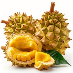 Sticker - Ripe Durian Fruit With Spiky Shell and Yellow Flesh on White Background