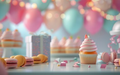 Wall Mural - Birthday Cupcake on Table With Balloons