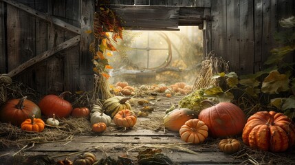 Wall Mural - Rustic wooden barn door with autumn pumpkins and hay.