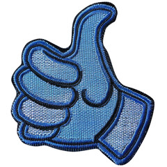 blue thumbs-up hand embroidery patch on isolated transparent background. concept of positive feedbac