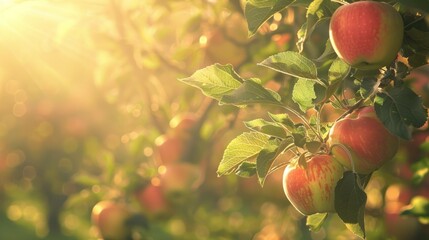 Wall Mural - Sunlit red apple hanging on a branch in an orchard.