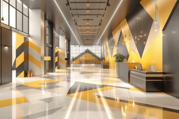 Wall Mural - High tech office lobby with yellow accents futuristic design and bright lighting creating an innovative and welcoming space