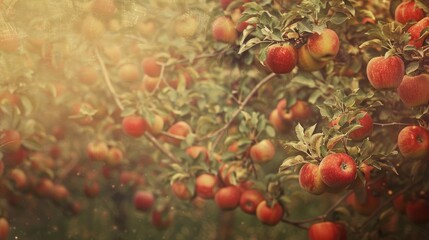 Poster - Closeup of red apples on a tree branch, blurred background.