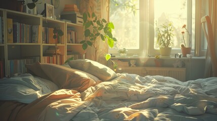 Canvas Print - Disorganized bed with sunlight portraying hectic morning