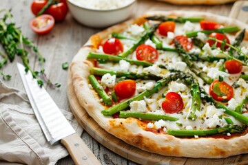 Wall Mural - Asparagus and Feta Pizza on Wooden Table