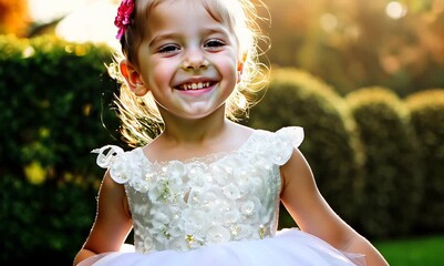 Sticker - Cute little girl in a white dress on a sunny day.