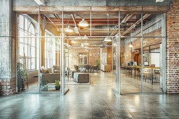 Wall Mural - Industrial style office with exposed brick walls wooden furniture and large windows creating a rustic and creative workspace