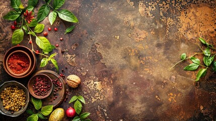 Poster - Rustic background with spices, nuts and leaves.