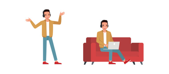 Wall Mural - businessman wear brown jacket working and listening to music in office character vector illustration